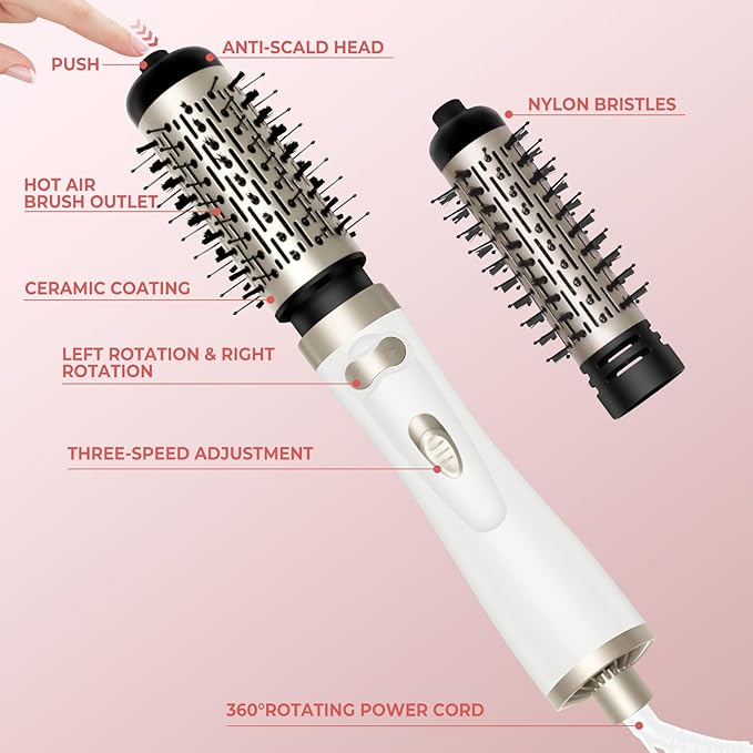 Hair Dryer Brush, 3-in-1 Rotating Round Hot Air Spin Brush Set with 2 Brushes (2" & 1.5"), Negative Ionic Blow Volumizer, 2 Detachable Auto-Rotating Curling Brush 100-120V (White Gold)