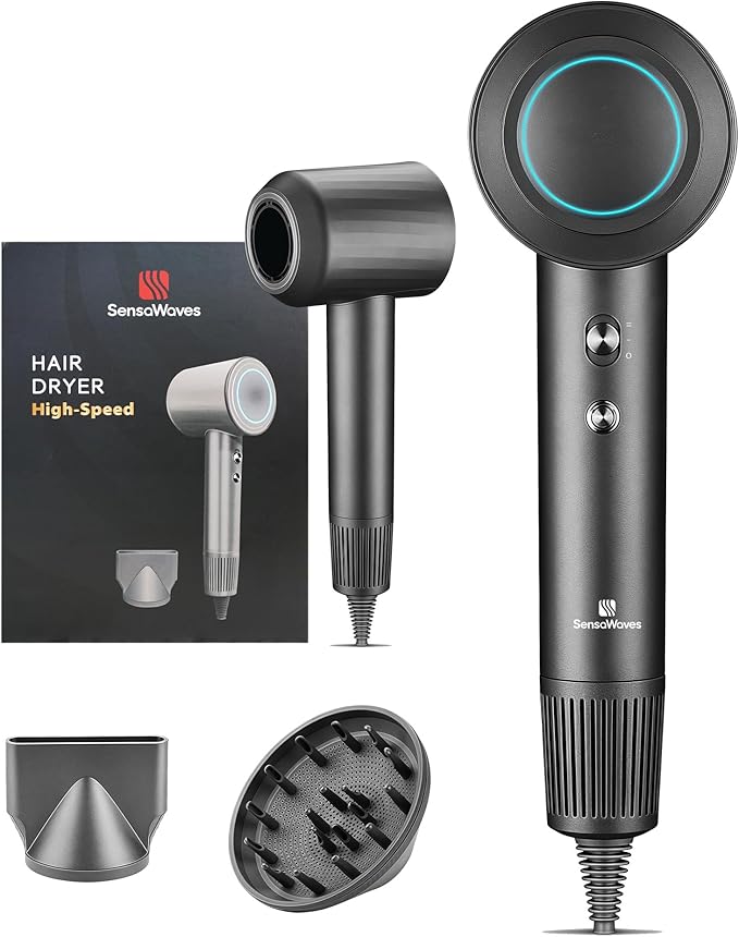 Professional High-Speed Hair Dryer 110,000 RPM, Fast Drying with 500M Negative Ions, Salon-Grade Low Noise Thermo-Control, Includes Magnetic Diffuser & Nozzle (for Home&Travel)-Black