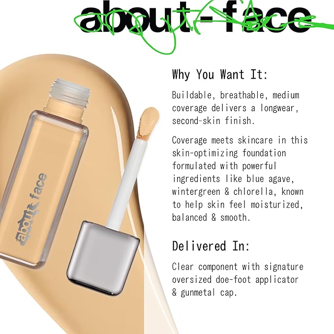 about-face THE PERFORMER Skin-Focused Foundation LM1Warm– Medium Coverage, Long-Wear, Breathable & Buildable Base – Clean, Vegan, Hydrating Formula with Blue Agave & Chlorella – 1.08oz