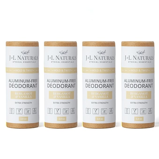 J&L Naturals Aluminum Free Deodorant for Men & Women | 100% Natural Ingredients With Coconut Oil, Shea Butter, & Essential Oils | Sustainable, Eco-Friendly (Bergamot & Vanilla, 3.0 Oz (Pack of 4))