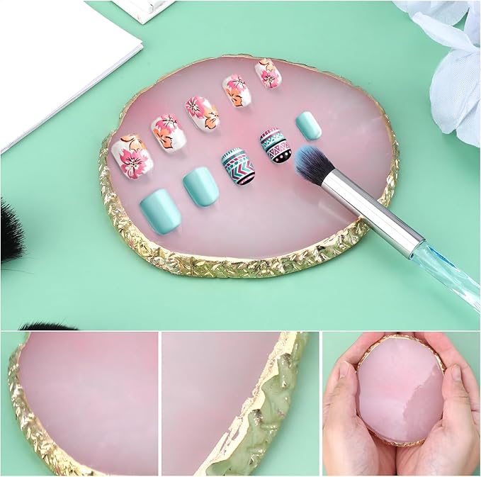 Ouligay Resin Nail Art Palette Makeup Mixing Palette Gold Edge Nail Art Tool Gel Design Nail Art Makeup Mixing Tray DIY (Pink)