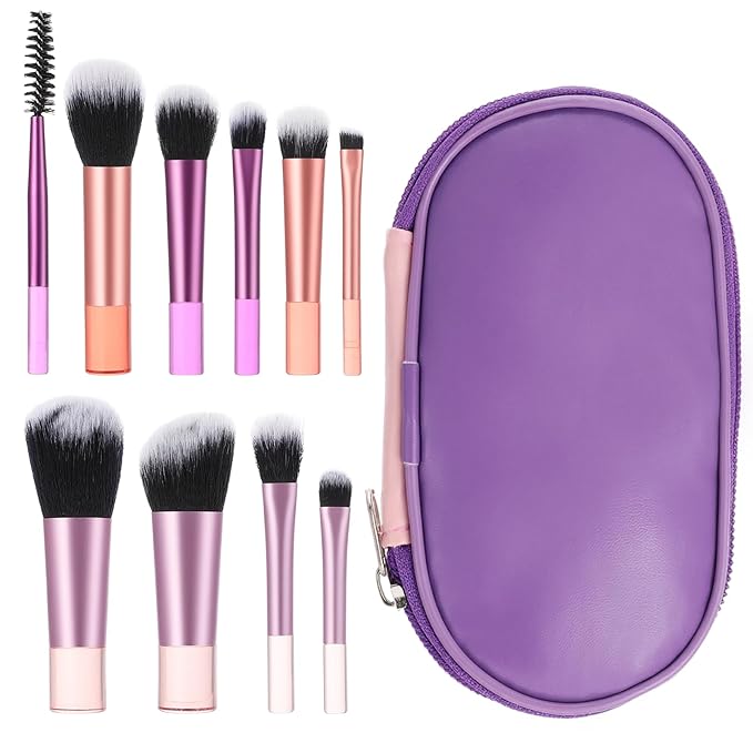 10 Pcs Mini Travel Makeup Brushes Set with Pouch, Short Handle Makeup Brushes for Women Girls Portable Full Complete Function Cosmetic Kit Brush Blush Powder Eye Shadow