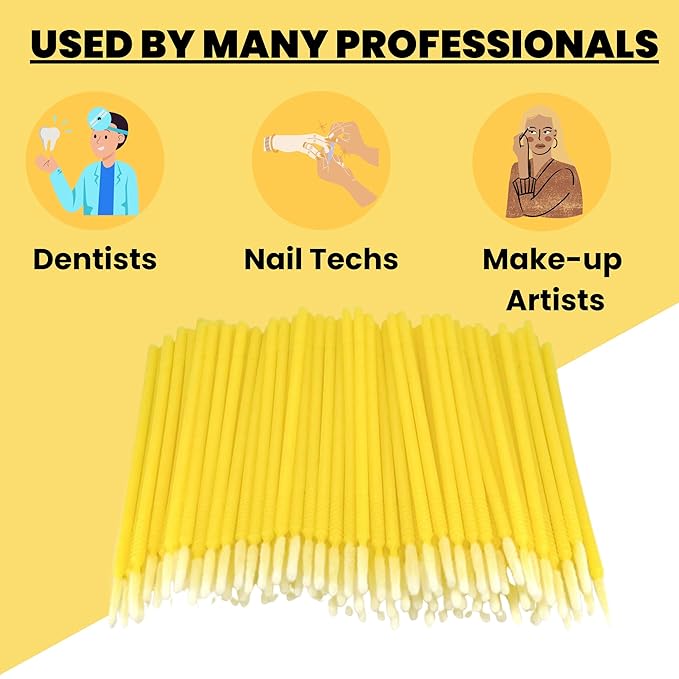 Disposable Micro Applicator Micro Brush for Makeup, Eyelash Extension, Lash and Mascara Application for Personal Care (100 Count (Pack of 1), Yellow (Long))