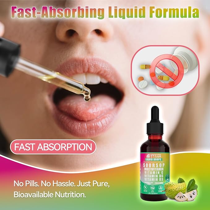 Vyxion Soursop Bitters Liquid, Soursop Multivitamin Drops - 2000mg 10:1 Extract from Fruit & Leaf, Vitamin B6, C, D3, Graviola Liquid Drops | Vegan, Non-GMO | 2 Fl Oz
