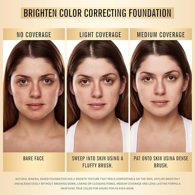 KIMUSE Baked Foundation - Brighten Color Correcting Powder Foundation for Mature Skin, Buildable Coverage, Radiant Natural Finish