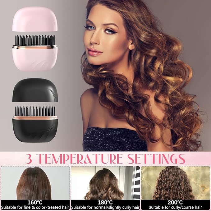 Mini Straightener,Rechargeable Portable Hair Straightener Brush,Fast Heating Hot Comb,3-Speed Temperature Control,Anti Scald Shell,Lightweight and Portable for Home Travel (Black)