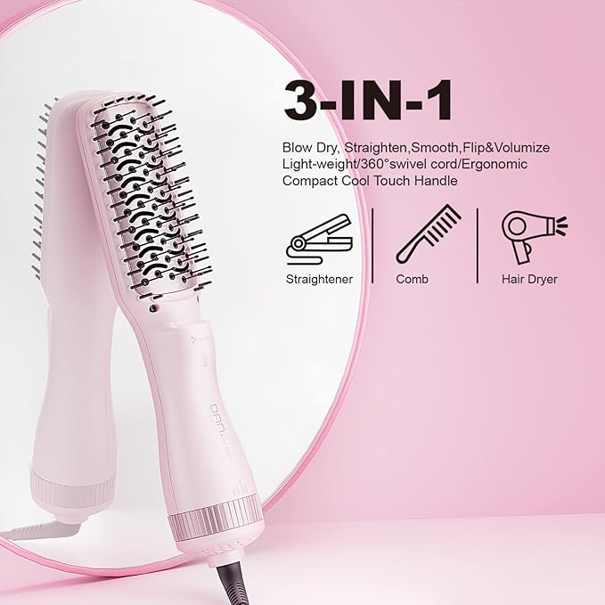 DAN Technology Hair Dryer, Negative Ion 3 in 1 Paddle Brush Dryer & Styler, Pink, 600W, for Damaged Hair, with 2 Speeds, 3 Heating Settings, Nylon Material, ALCI Safety Plug, [IN] Hair Care or Beauty