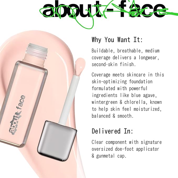about-face THE PERFORMER Skin-Focused Foundation F2Cool – Medium Coverage, Long-Wear, Breathable & Buildable Base – Clean, Vegan, Hydrating Formula with Blue Agave & Chlorella – 1.08oz
