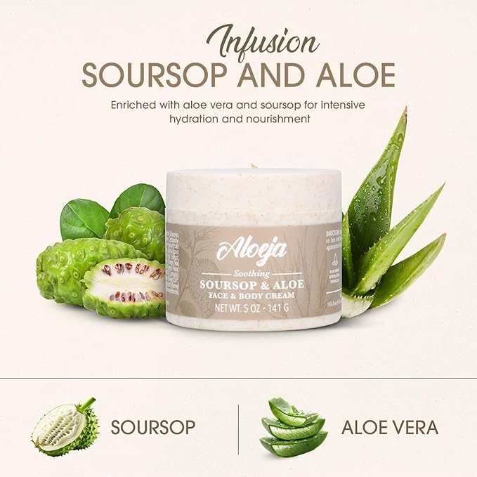 Soursop and Aloe Vera Moisturizing Cream - Ultra Hydrating Face Moisturizer and Body Lotion for Women & Men - Fragrance-Free Organic Lotion for sensitive skin with Hemp Oil, Tea Tree, Green Tea, 5 oz