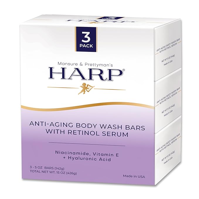 HARP® Anti-Aging Body Wash Bar with Retinol – pH Balanced Syndet Cleanser, Fragrance Free, Soap-Free & No Lye, Non-Comedogenic, With Niacinamide, Hyaluronic Acid & Vitamin E, 3-5oz Bars.