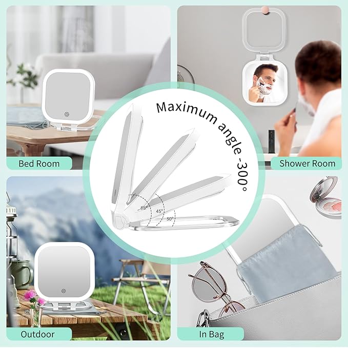 FASCINATE Rechargeable Travel Makeup Mirror 30X Magnification, Lighted Portable Vanity Mirror with 3 Colors Lighting & Stepless Dimming, Double Sided LED Mirror, Gift for Women (White+Bag)