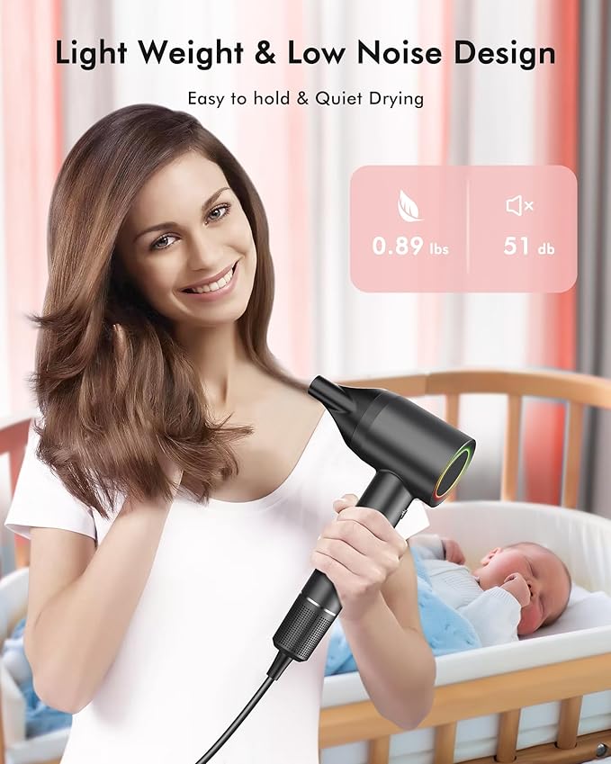 Hair Dryer, 160000 RPM Professional High Speed Ionic Blow Dryer, 500 Million Negative Ions & Heat-Control & Low Noise Hairdryer with Magnetic Diffuser for Fast Drying All Hair Types, No Heat Damage