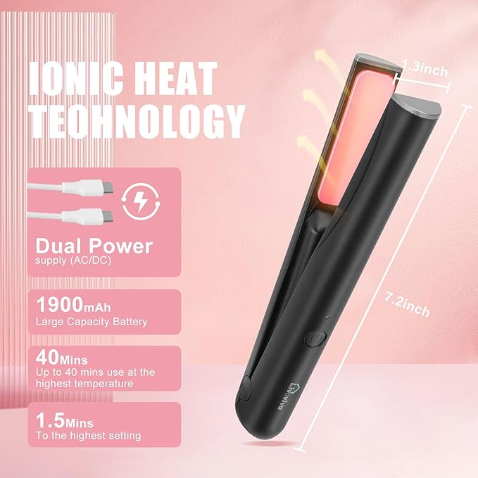 Mini Portable Cordless Hair Straightener,USB Rechargeable，Rapid Heating can Work continuously for 40 Minutes,Wireless Curling Iron for Travel (Black)