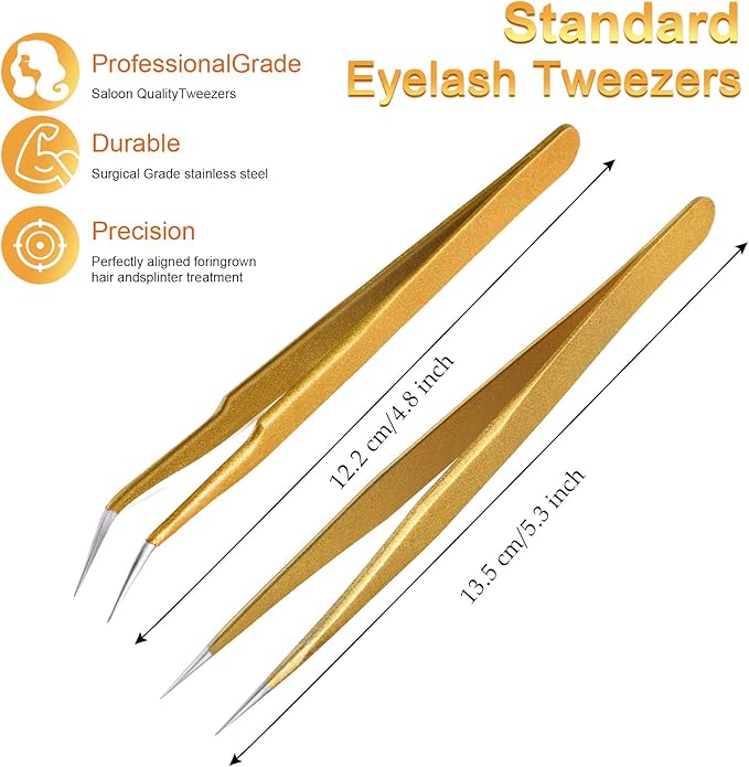 2 Pieces Straight and Curved Tip Tweezers Eyelash Extension Tweezers, Stainless Steel False Lash Application Tools (Gold)
