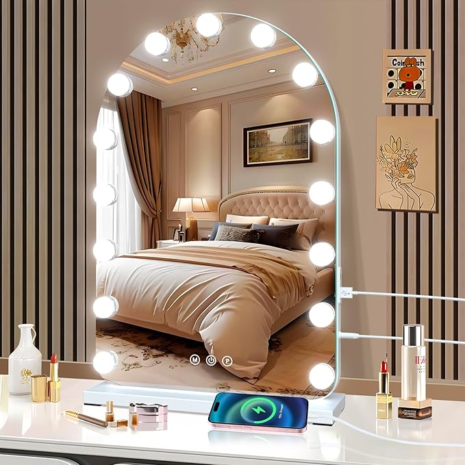 Vanity Mirror with Lights, Hollywood Lighted Makeup Mirror with 15 Dimmable LED Bulbs for Dressing Room & Bedroom，Memory Function