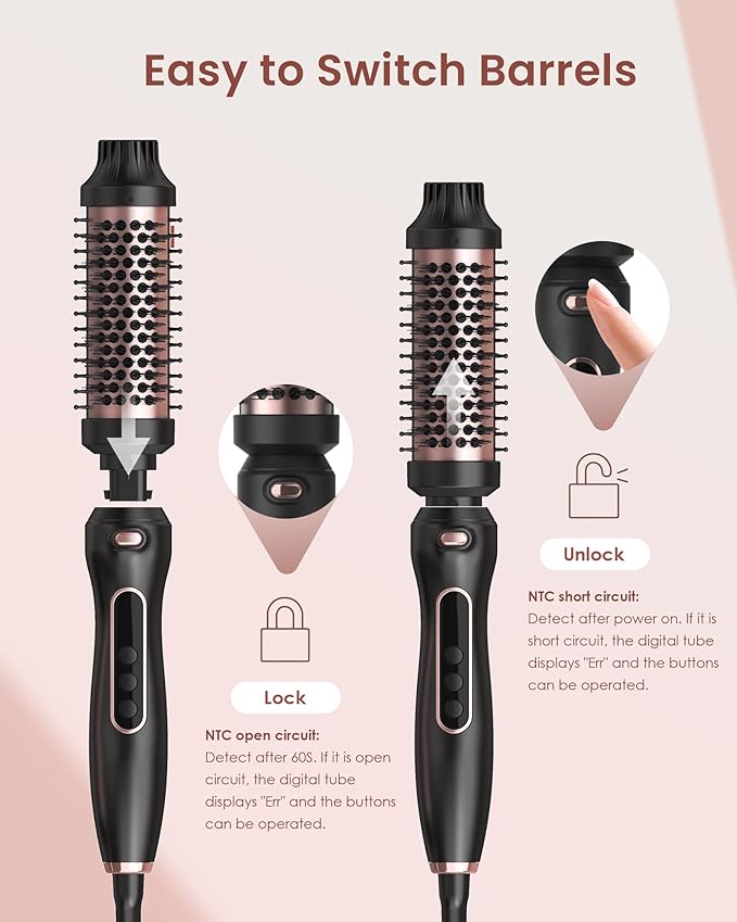 Thermal Brush 3 in 1 Set Ionic Heated,1.25"&1.5"&1.75" for Blowout Look Hot Hair Curling Iron Brush with 11 Temp Settings Digital Display Fast Heated for Women Volume & Smoother Portable (Pink)