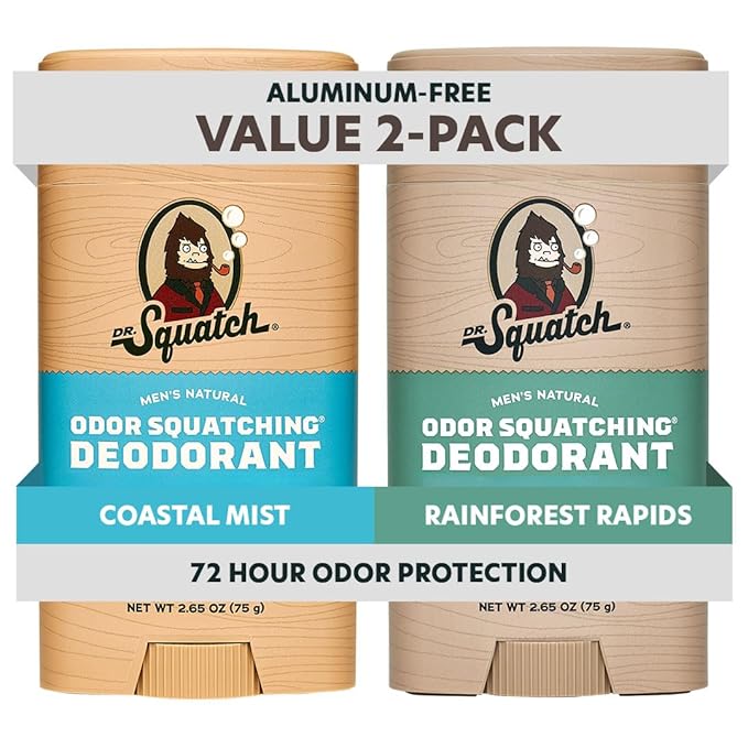 Dr. Squatch Natural Deodorant for Men - Odor-Squatching Aluminum Free - Coastal Mist & Rainforest Rapids (2.65 oz, 2-Pack)