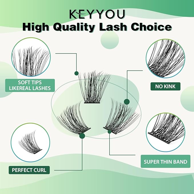 KEYYOU Lash Clusters, 96 Pcs DIY Lash Extensions, D Curl 10-18MIX, Soft & Comfortable Synthetic Fibers, Black