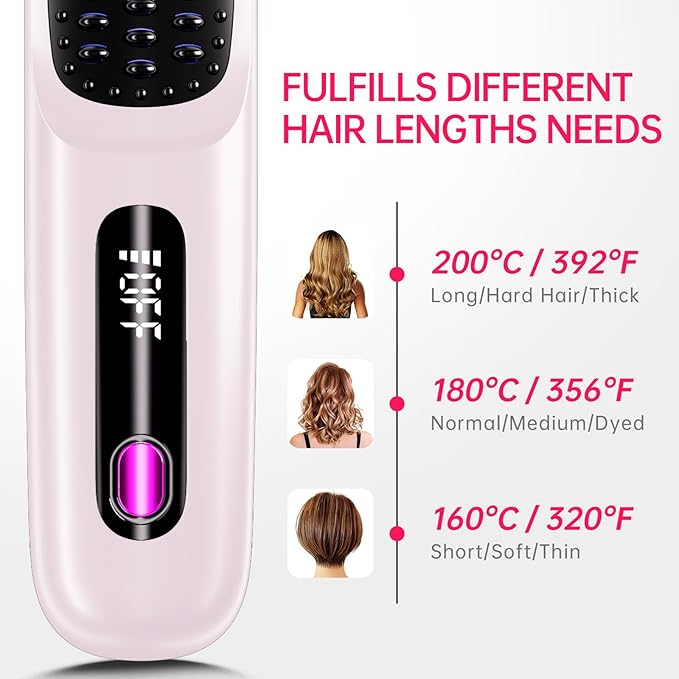 Cordless Hair Straightener Brush for Travel, 200 Million Negative Ionic Portable Hair Straightener Comb for Women with LED Display & 3 Temps, 30s Fast Heating USB Charging Smooth Frizz(Purple)