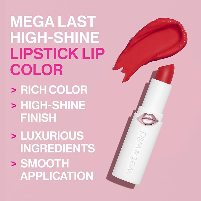 wet n wild Mega Last High-Shine Lipstick Lip Color, Infused with Seed Oils For a Nourishing High-Shine, Buildable & Blendable Creamy Color, Cruelty-Free & Vegan - Crimson Crime