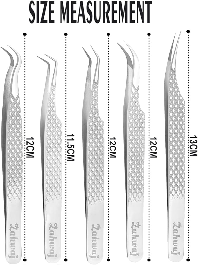 Lash Tweezers - Set of 5 Diamond Grip Eyelash Tweezers - Stainless Steel Professional Fiber Tip Lash Tweezer for Eyelash Extensions (Silver)