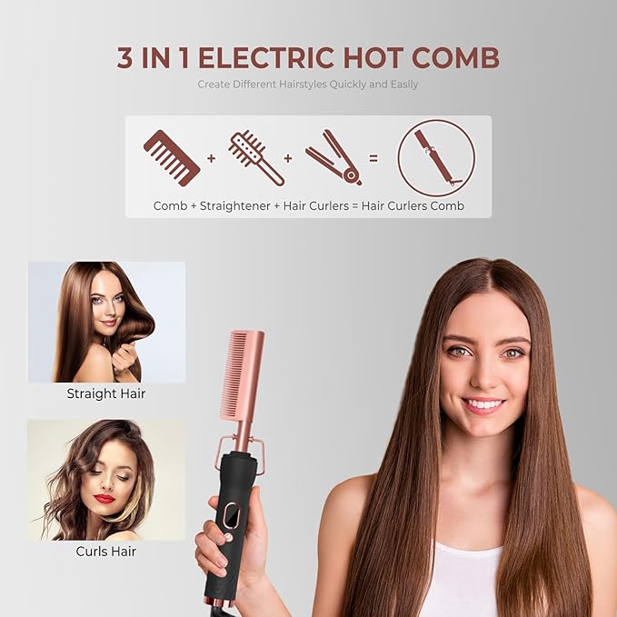 Hot Comb,Travel Curling Iron Double Voltage 110-240V with European Plug Adapter,12 Temp Settings Straightening Comb for Black Hair,Pressing Combs for Straight/Curling