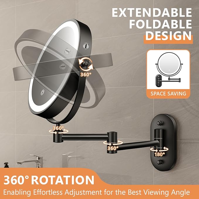 Auxmir 8'' Wall Mounted Lighted Makeup Mirror, 3200mAh Rechargeable Double-Sided 1X/20X Magnifying Mirror with Light, Touch Dimmable 3 Color Light, 360° Rotation Foldable Extended Arm, Black