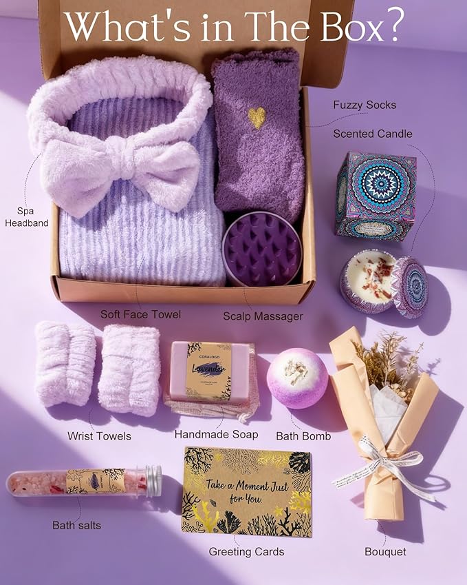 Coralogo Lavender Spa Gift Baskets - Natural Pampering Spa Set, Self-Care Get Well Soon Basket,Thank You Gifts, Unique 11pcs Gift Set for Women Wife Mom Her Birthday Valentines Day Mothers Day