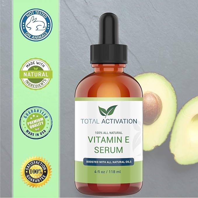 Total Activation Vitamin E Face Serum – Organic Vitamin E Oil 100% Pure, Cold Pressed for Skin, Face, Hair & Nails – Moisturizer for Dry Skin, Scars & Anti-Aging – for Glowing Skin – 4 oz