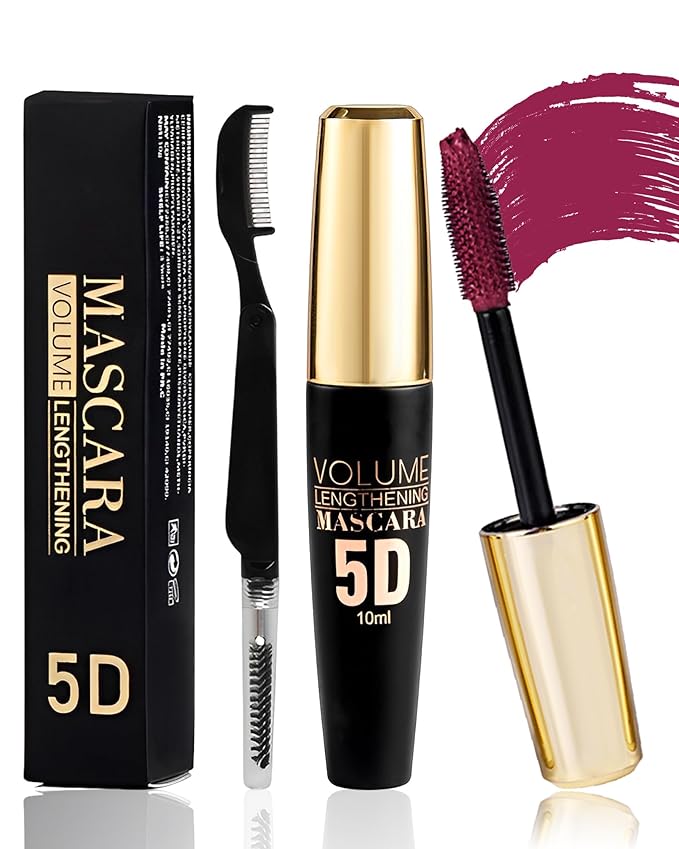 Burgundy Waterproof Tube Mascara, Volume and Length Volumizng Colored Mascara for Eyelashes, Long Lasting Smudge-proof Lengthening 5D Lash Máscara with Silk Fiber, No Flaking or Clumping