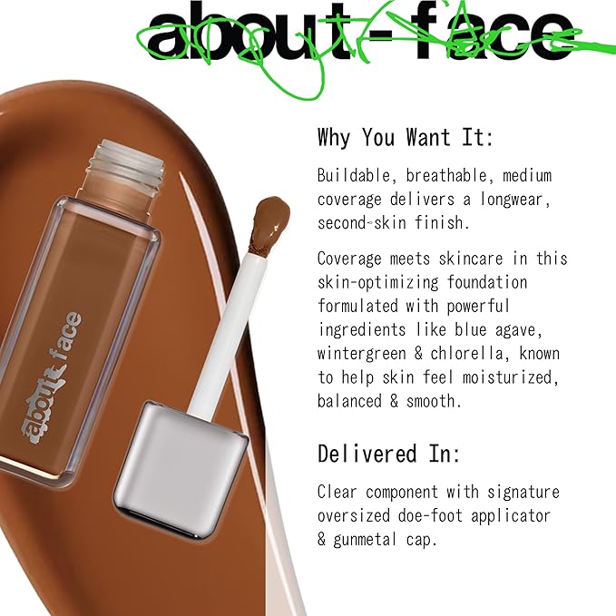 about-face THE PERFORMER Skin-Focused Foundation D1Neutral – Medium Coverage, Long-Wear, Breathable & Buildable Base – Clean, Vegan, Hydrating Formula with Blue Agave & Chlorella – 1.08oz