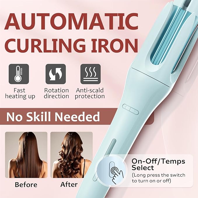Automatic Rotating Curling Iron with 3 Temperature Fast Heating, Auto Hair Curler with Timer Settings, Anti-Tangle, Automatic Shut-Off and Scalding for Hair Styling, Blue
