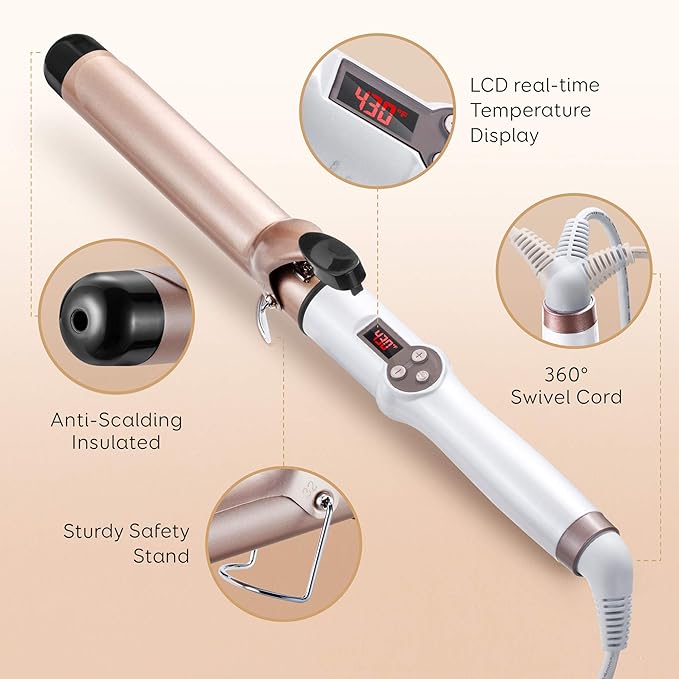 1.25 Inch Curling Iron Hair Curler with Ceramic Coating Barrel, Professional Curling Wand Instant Heat up to 450°F, LCD Display with 9 Heat Setting (for All Hair Types, Glove Include)