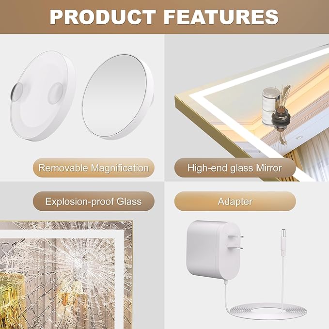 Hasipu Vanity Mirror with Lights, 23" x 18" LED Makeup Mirror, Lighted Makeup Mirror with Dimmable 3 Modes, Touch Screen Control Vanity Mirror Square Gold
