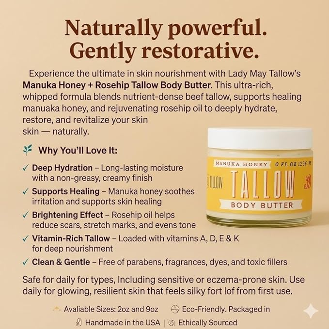 Manuka Honey + Rosehip Tallow 2oz Body Butter - Deeply Nourishing & Repairing Natural Skincare