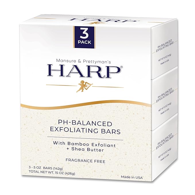 HARP® Exfoliating Body Wash Bar – pH Balanced Syndet Cleanser with Bamboo Powder, Fragrance Free, Soap-Free & No Lye, Non-Comedogenic, Gentle Exfoliation for Smooth Skin, 3-5oz Bars.