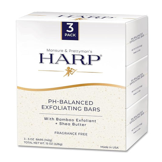 HARP® Exfoliating Body Wash Bar – pH Balanced Syndet Cleanser with Bamboo Powder, Fragrance Free, Soap-Free & No Lye, Non-Comedogenic, Gentle Exfoliation for Smooth Skin, 3-5oz Bars.
