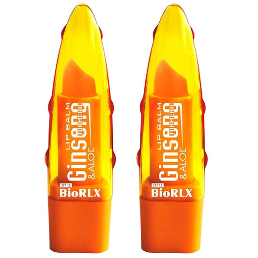 BioRLX 99% Purity Aloe Vera Lip Balm - Natural Moisturizing Unisex Lip Care for Hydrated and Radiant Lips (Ginseng & Turmeric, 0.12 Ounce (Pack of 2))