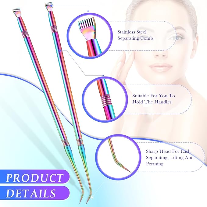 Chumia 2 Pcs Lash Lift Tool, Lash Separator Tint Stainless Steel Metal Lift Rods Beauty Tool with Comb for Eyelash Eyebrow Perming Tinting Curling Extensions Supplies(Multi Color)