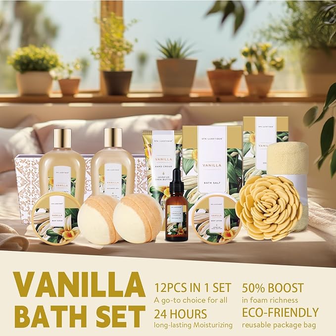 Spa Gift Baskets for Women, Spa Luxetique Spa Gifts for Women, Birthday Gifts Spa Kit, 12pc Vanilla Bath Set, Womens Self Care Valentine's Day Gift