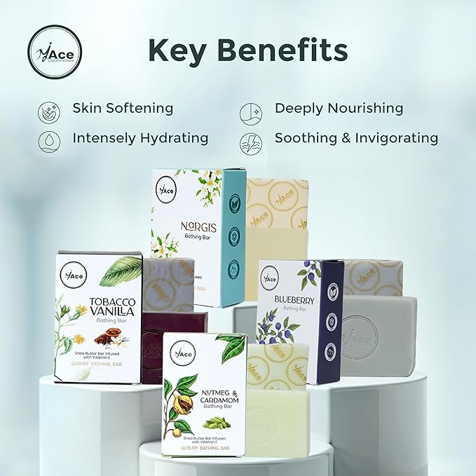MY ACE Handmade Soap Set – 4 Bathing Bars: Nutmeg & Cardamom, Tobacco Vanilla, Blueberry & Nargis – SLES & Paraben-Free, Coconut Oil, Shea Butter & Vitamin E – Gentle & Moisturizing, 3.5 oz Each
