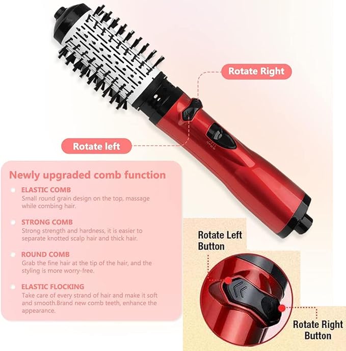 3-in-1 Hot Air Styler & Rotating Hair Dryer Brush with 2 Interchangeable Brushes | Anti-Frizz Ionic Technology for Straightening, Drying & Curling | 3 Heat Settings & 360° Rotation (Red)
