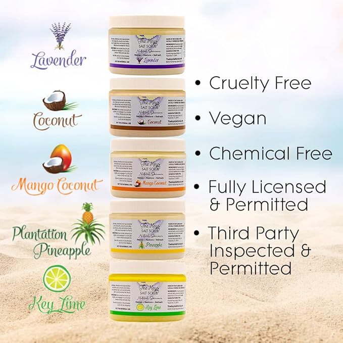 The Keys Salt Scrub -Sea Salt Scrub - Exfoliating Body Scrub with Wooden Spoon - Moisturizing Exfoliator for Hands, Foot, Bath, (Pineapple) (3.4 Fl Oz (Pack of 3), Pineapple)