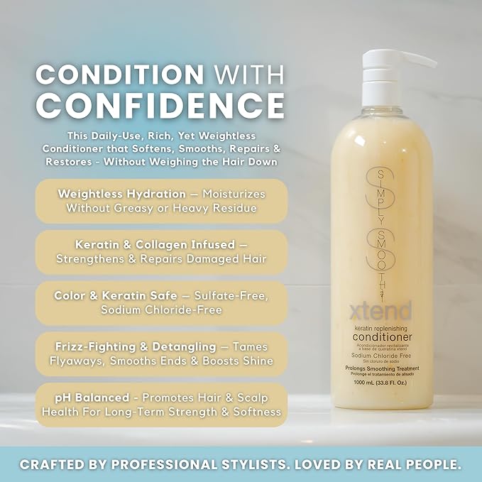 SIMPLY SMOOTH Xtend Keratin Replenishing Conditioner | Sulfate-Free Moisture Repair for Dry, Frizzy, Damaged Hair | Smooths, Softens, Strengthens, Color & Keratin Safe 33.8 Oz