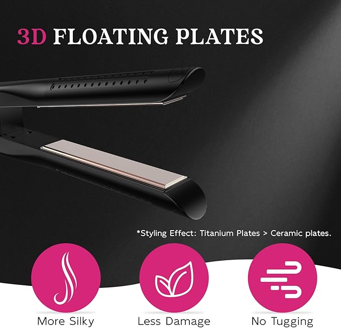 SKIMI Airflow Styler, Titanium Flat Iron Hair Straightener, Professional Curling Iron with Cooling Air Vents to Lock in Style, 5 Temps & Dual Voltage, Auto Off (Black & Pink).