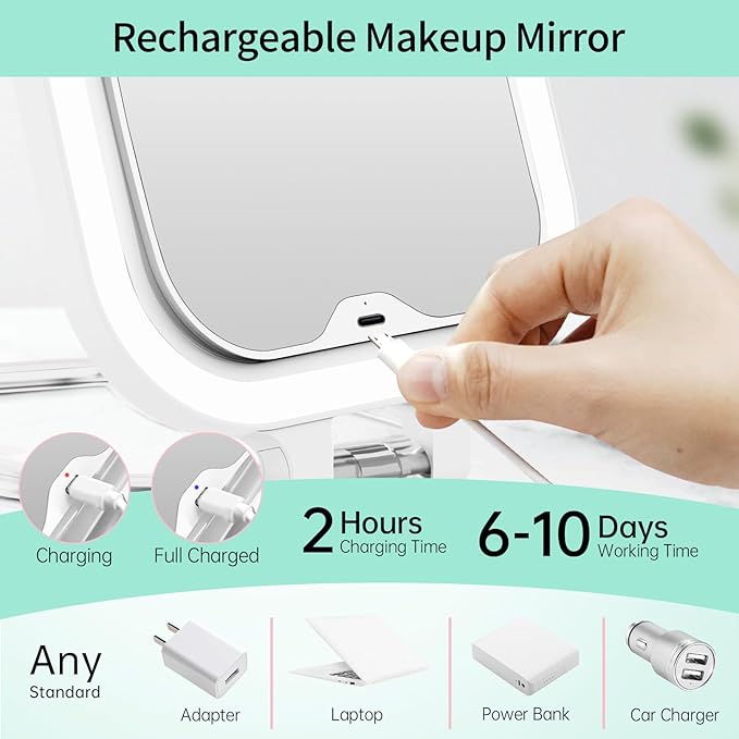 FASCINATE Rechargeable Travel Makeup Mirror 30X Magnification, 7" Lighted Portable Vanity Mirror with 3 Colors Lighting & Stepless Dimming, Double Sided LED Mirror, Gift for Women (White)