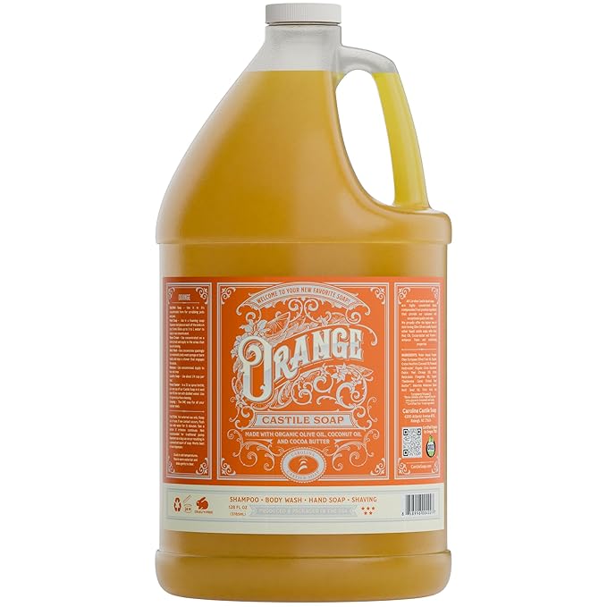 Carolina Castile Soap Orange Scent – Certified Organic Base, High Olive Oil Content, Non-Drying, Made with Organic Oils, Concentrated Natural Body Wash for Men and Women (Orange, 1 Gallon)