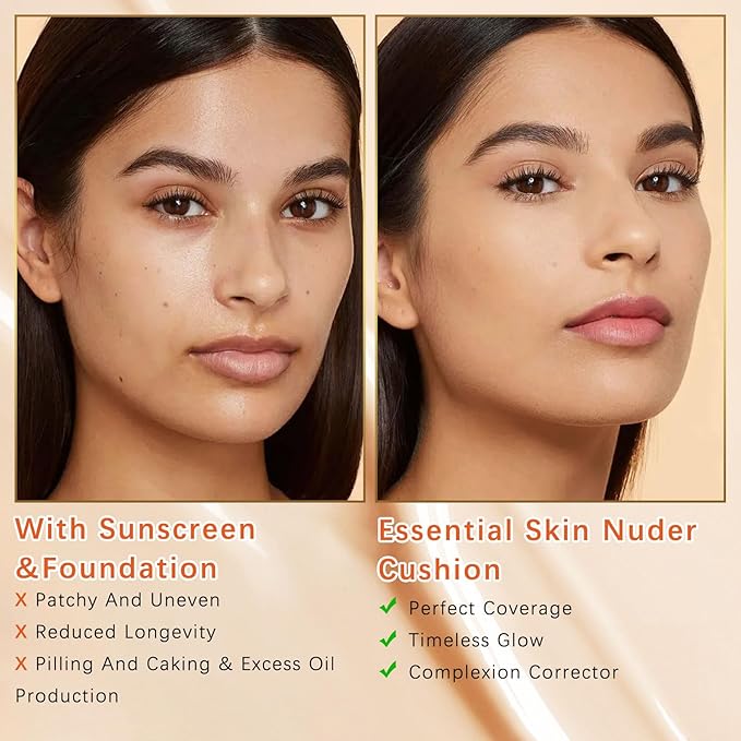 QueenDiary Moisture Cushion CC Cream Foundation for Mature Skin - Flawless Concealer BB Cream, Long-Lasting Waterproof Air Cushion CC,Lightweight, Buildable Coverage, Semi-Matte (Nude)