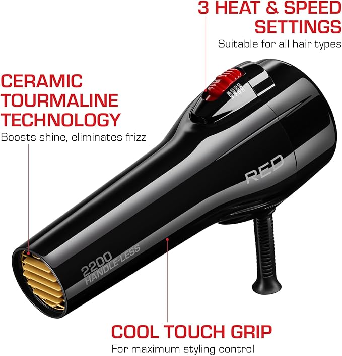 RED by Kiss Handle-Less 2200W Ceramic Tourmaline Hair Dryer, 3 Heat Settings, Pro Blow Dryer with Comb Attachment, Ionic for Frizz-Free Shine, Detangler & Straightening for 4C