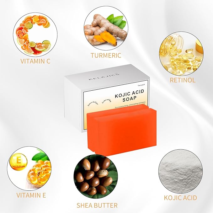 Kojic Acid Soap Bars with Retinol, Collagen, Vitamin C, Fresh Orange Scent for Face and Body, Moisturizes, Smooth and Evenly Radiant (2 Pack)